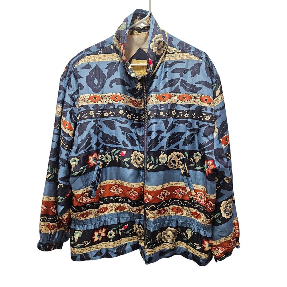 East West Silks 100% Silk Blue Patterned Zip Jacket Women’s L Y2K Artwear Floral